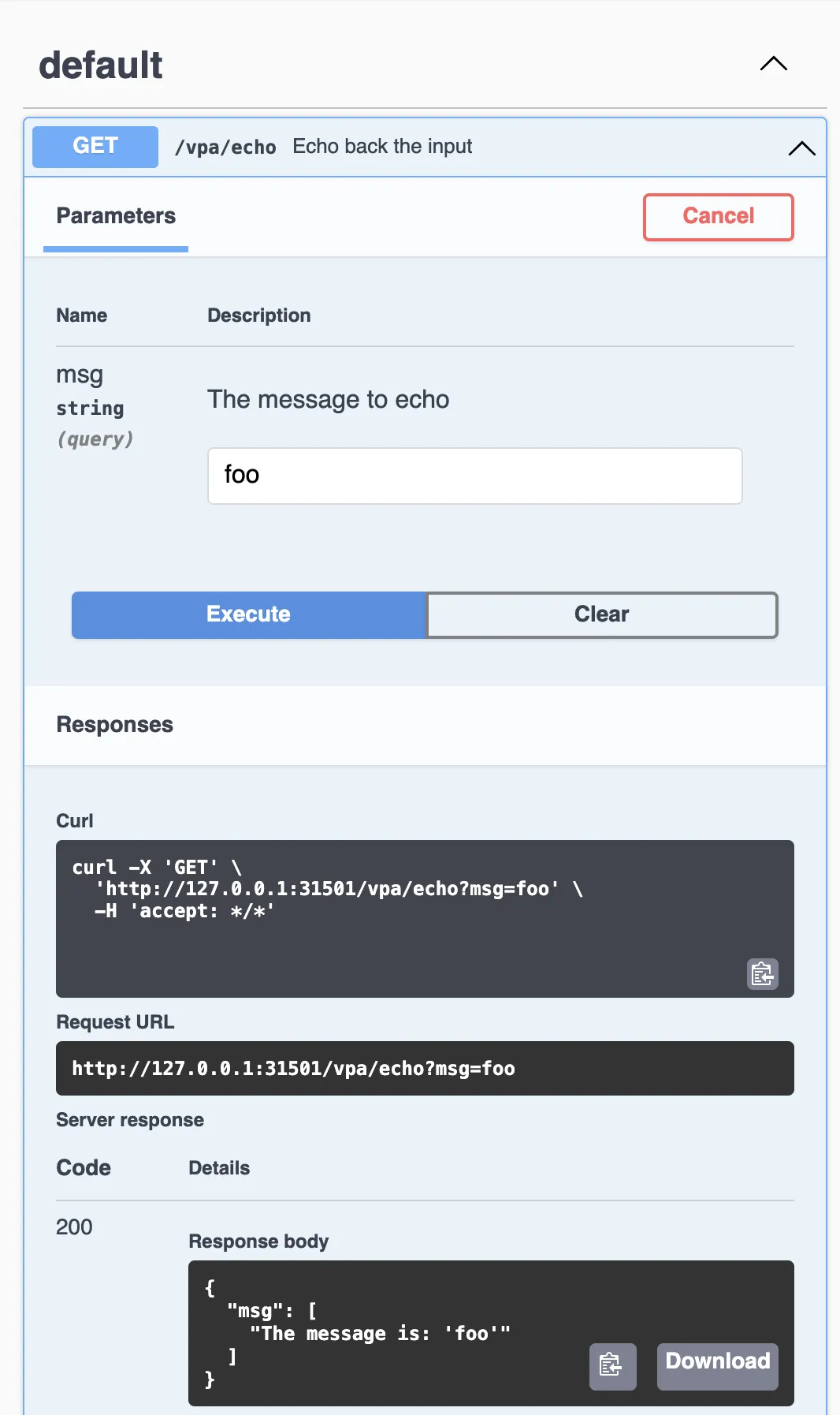 生成された API ドキュメント。UI から動作確認できる