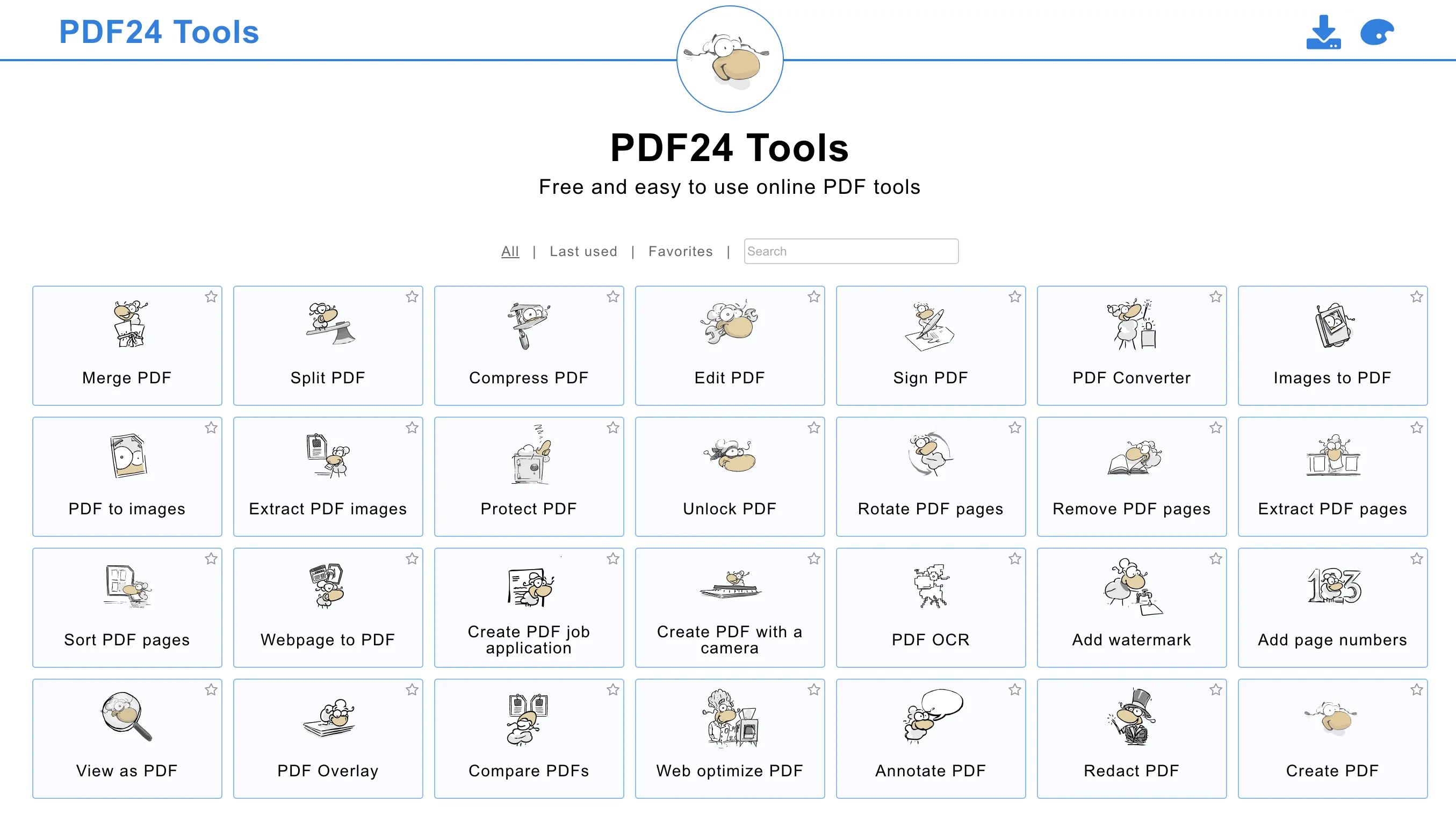 PDF24 Tools のトップページ。たくさんの単機能ツールが並んでいる