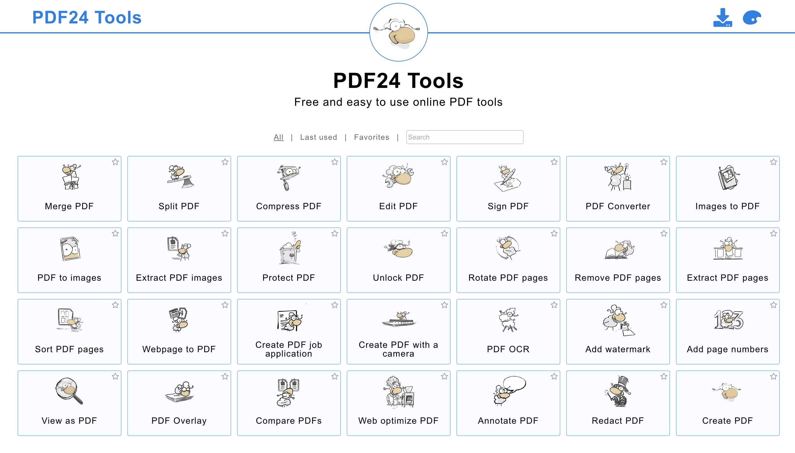 PDF24 Tools のトップページ。たくさんの単機能ツールが並んでいる